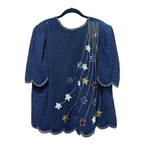 Vintage Creative Touch Blouse Sequin Beaded Star Party Rainbow Holiday - Picture 3 of 6
